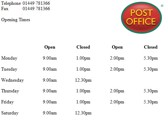 Post office timetable
